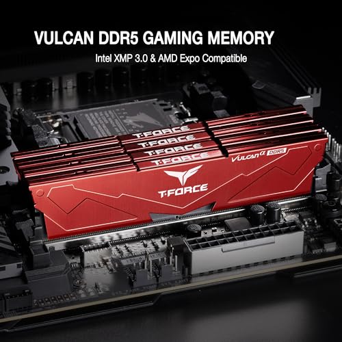 Image of TEAMGROUP T-Force Vulcan Alpha DDR5 Ram 64GB Kit (2x32GB) 6000MHz (PC5-48000) CL38 Desktop Memory Module Ram AMD Optimized Memory Red FLARD564G6000HC38JDC01