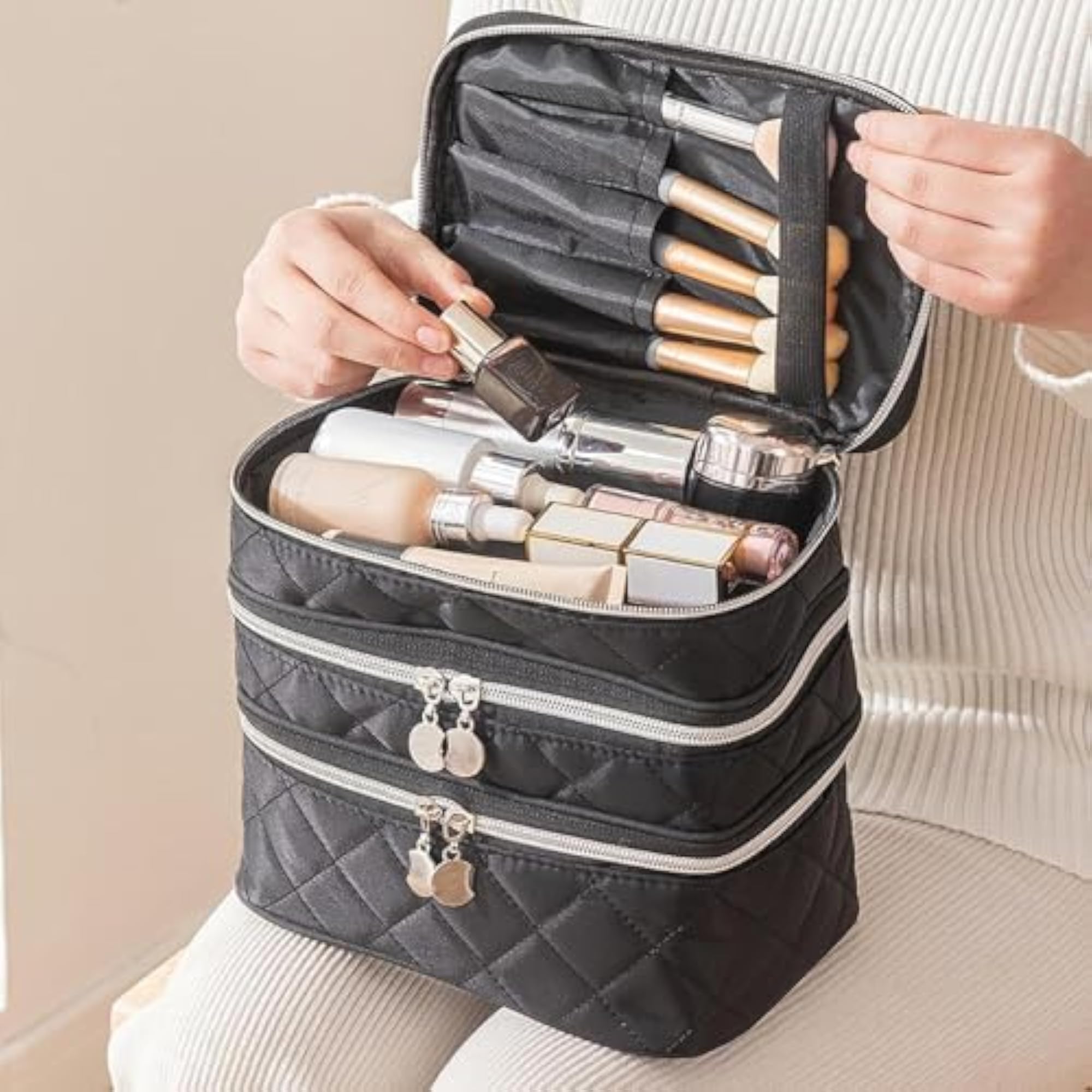 3 Floors Cosmetic Storage Bag for Brushes, Silver Zipper