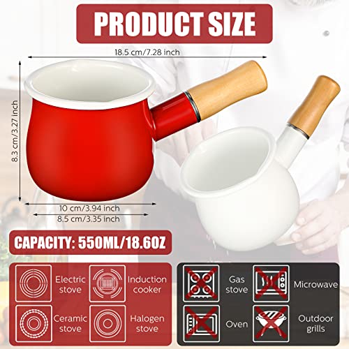 2 Pcs Enamel Milk Pan Mini Butter Warmer 0.58 Quart/ 550Ml Melting Pot Milk Pot With Wooden Handle Mini Saucepan For Heating Smaller Liquid Portions, Melting Butter, Boiling Water #TOP1