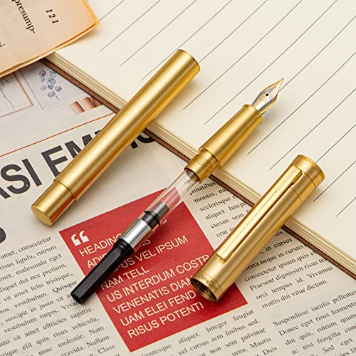 Image of Hongdian Raw Brass Fountain Pen Extra Fine Nib Classic Design Smooth Writing Copper Pen with Converter and Pen Case Set
