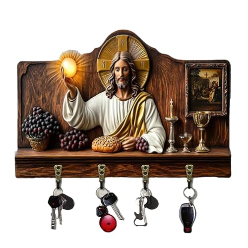 Wooden Multifunctional Home Key Holder - 2D Flat Jesus Communion