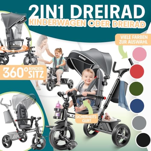KIDIZ® Dreirad 6in1 Kinderdreirad mit Schubstange Lenkbar ab 9 Monaten bis 25Kg Jogger vorwärts & Rückwärtsfahrt, Korb Tasche Getränkehalter Sonnendach Gummiräder Buggy Fahrrad Baby Klappbar Grau