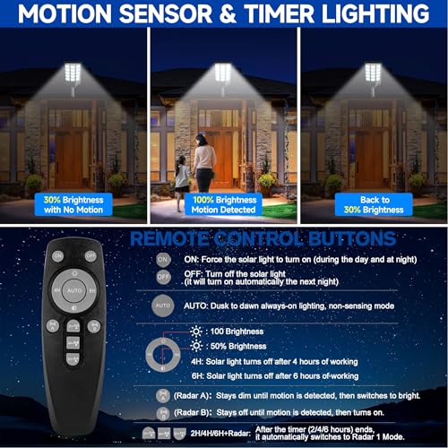 Solar Lights Outdoor for Outside, Waterproof Solar Street Lights Outdoor, 6500K Dusk to Dawn Security Flood Lights Motion Sensor with Remote Control for Yard, 4 Pack - Image 6