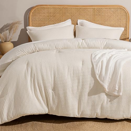 Image of David's Home Textured Summer Waffle Weave Comforter Set, Twin Cannoli Cream | Cozy Soft Lightweight Breathable Fluffy Durable Hotel Bedding with Pillow Sham for All Season, Luxury Home Decor, Giftable