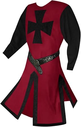 Ryannology Mens Crusader Costume Medieval Templar Renaissance Knight Warrior Tunic Retro Halloween Cosplay Top with Cross