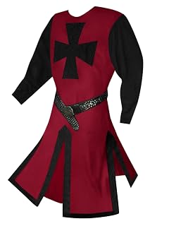 Ryannology Mens Crusader Costume Medieval Templar Renaissance Knight Warrior Tunic Retro Halloween Cosplay Top with Cross