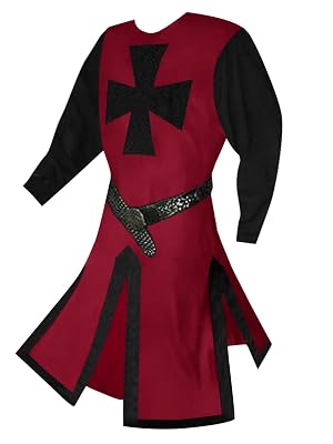 Ryannology Mens Crusader Costume Medieval Templar Renaissance Knight Warrior Tunic Retro Halloween Cosplay Top with Cross
