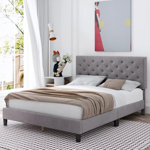 Image of Julius Upholstered Bed King Size Without Storage Solid Sheesham Wood | Modern Premium Fabric Upholstery Cushion Headboard | King Bed for Bedroom Wooden Double Bed Cot 78x72 Inch King