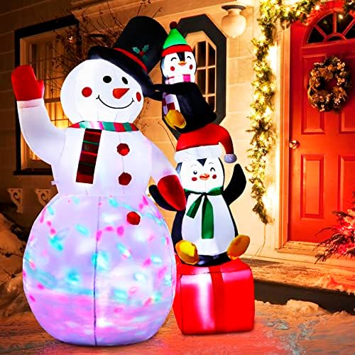 AerWo 6ft Christmas Inflatables Outdoor Christmas Decorations, Cute Inflatable Snowman Penguins Blow Up Yard Decorations with Colorful Rotating LED Lights for Indoor Outdoor Garden Christmas Decor