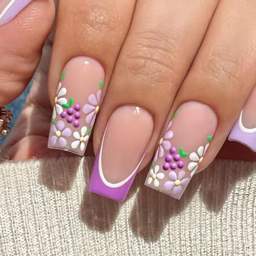 Image of Purple French Tip Press on Nails Medium Square Fake Nails White Flower False Nails with Grape Designs Artificial Acrylic Glossy Glue on Nails Nude Stick on Nails for Women Manicure 24pcs