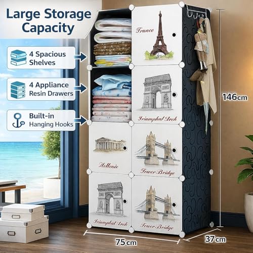 Image of 8 Door Kids Cartoon Wardrobe Storage Cabinet - DIY Modular Clothes Organizer with Hanging Cartoon Design Wardrobe with Multi for Bedroom, Living Room,Entryway (Black, 8-Door)
