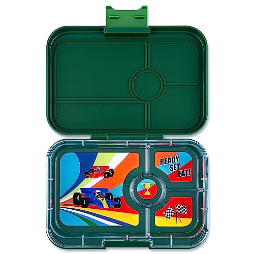Yumbox Tapas 4-Compartment Bento Lunch Box, Large Size, Perfect for Sandwiches, Eco-friendly, Leakproof (Greenwich Green- Race Cars Tray)