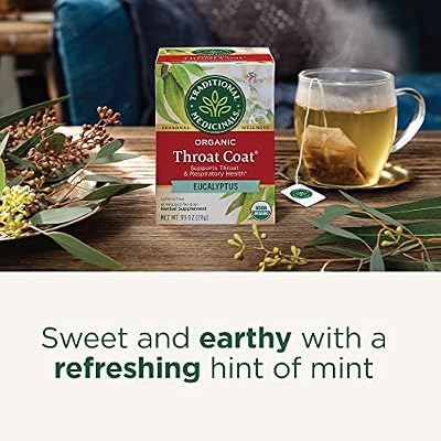 Traditional Medicinals Organic, Throat Coat Tea, Eucalyptus & Slippery Elm - Supports Respiratory and Throat Health - Kosher, Non-GMO, Caffeine-Free, Compostable - 16 Tea Bags