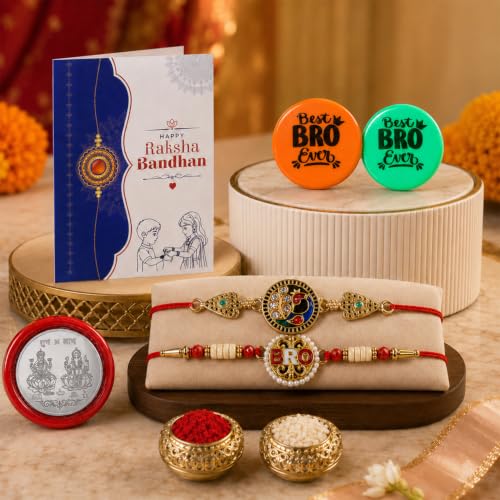 Image of Oblivion Rakhi with Magnet for Brother - Multi Design Round Shape Rakhi 2 Pcs with Fridge Magnet 2 Pcs, Silver Color Coin, Greeting Card & Tilak Set - Raksha Bandhan Combo (K2 1738+1104 B4676(Q2))