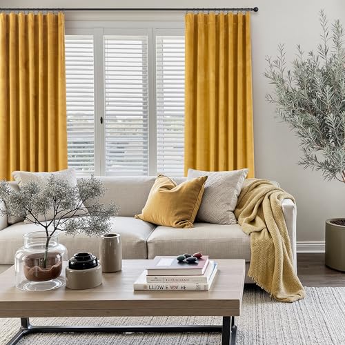 Image of Mustard Yellow Gold Curtains Velvet Drapes 108 Inch Extra Long Ceiling to Floor Curtain for Patio Sliding Door Window French Country Doorway Hallway Cabin Mid Century Modern Boho Western Decor 2 Panel