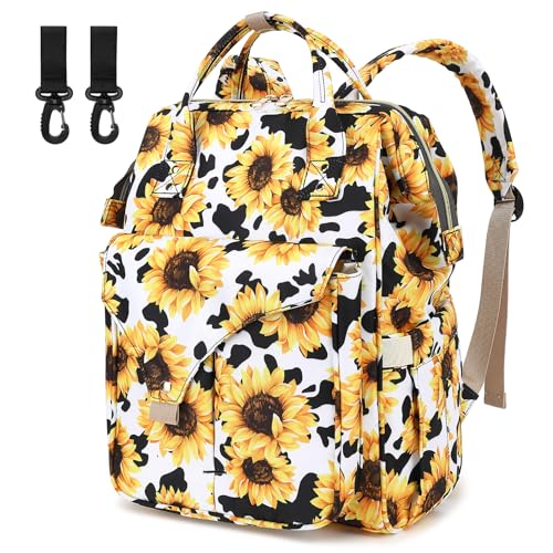 Image of Cow Print Sunflower Diaper Bag Backpack for Baby Girls Boys, Large Capacity Multifunction Waterproof Maternity Mom Nappy Bags with Stroller Straps