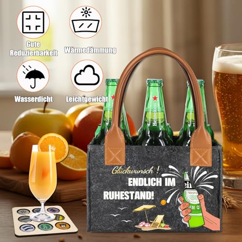 Geschenk für Rentner, Hochwertige Filz-Biertasche für 6 Flaschen mit Flaschenöffner & Grußkarte & Sammler von Bierflaschenverschlüssen – Ideales Ruhestand Geschenk für Männer, Freunde, Kollegen