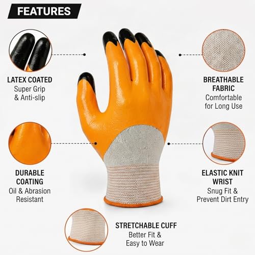 Image of Multipurpose Use |Anti Cut Nitrile Coated Nylon Knitting Work Safety Gloves | Hand & Fingers, Gardening, Construction, Agriculture & Automotive - Durable & Comfortable (ORANGEBLACK-5PAIRS)