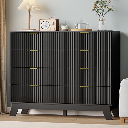 Image of 8 Drawer Dresser for Bedroom, 47''W Fluted Wooden Dresser Storage Cabinet and Chest of Drawers with Metal Handle, Storage Organizer for Living Room, Hallway, Entryway, Black