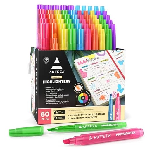 ARTEZA Rotuladores fosforescentes | 60 subrayadores fosforitos | 30 anchos y 30 finos | 6 colores | Caja de rotuladores fluorescentes | Ideal para aulas y oficinas