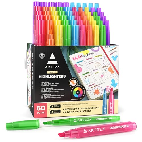 ARTEZA Rotuladores fosforescentes | 60 subrayadores fosforitos | 30 anchos y 30 finos | 6 colores | Caja de rotuladores fluorescentes | Ideal para aulas y oficinas