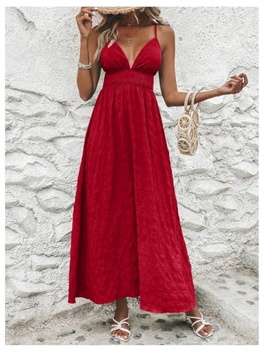 Image of Milumia Women's Summer V Neck Backless Maxi Dress Boho Spaghetti Strap A Line Flowy Beach Long Sundress