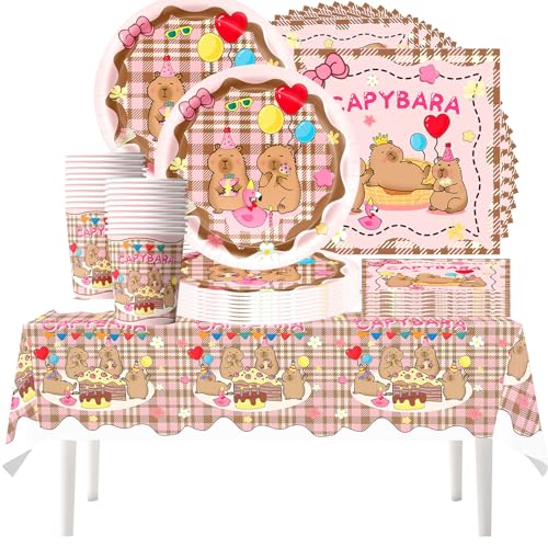 61 piezas Juego de vajilla para fiestas de cumpleaños con motivos de capibaras, vajilla para fiestas infantiles, que incluye vasos, platos, manteles y servilletas, con capacidad para 20 personas
