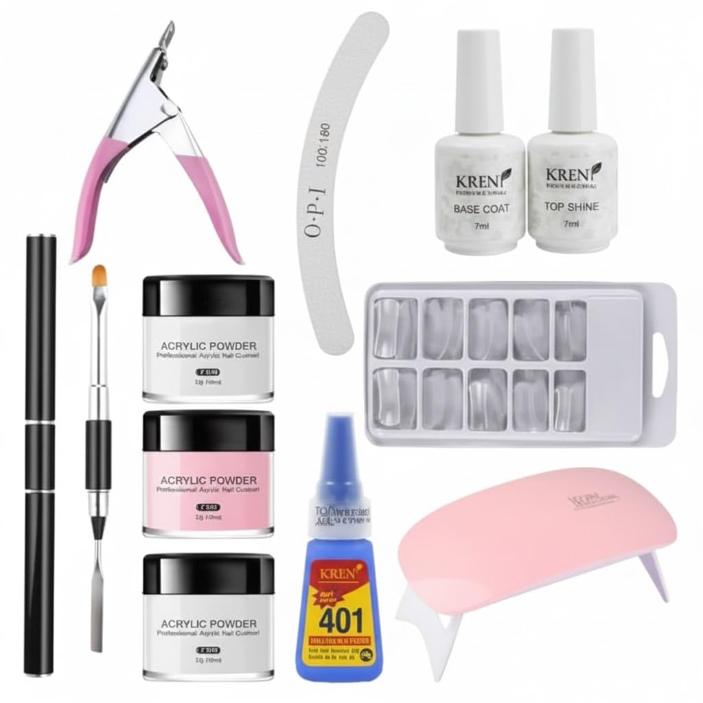 KRENI Professional Pack of 11 Acrylic Gel Nail Extension Set Includes Mini UV Lamp/LED Nail Dryer, 3 Acrylic Powders (Clear/Pink/White), Base Coat, Top Coat, Nail Tips, Clipper, Brush & File,Nail glur-image-26