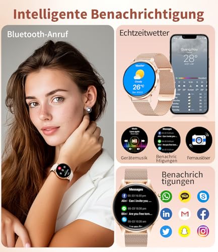 Smartwatch Damen mit Telefonfunktion, 1,32'' HD AMOLED Display Smart Watch, Elegante Armbanduhr für iOS Android, 100+ Sportmodi Fitnessuhr, Schrittzähler, 24H Pulsuhr, Schlafmonitor, IP68 Wasserdicht – Bild 3