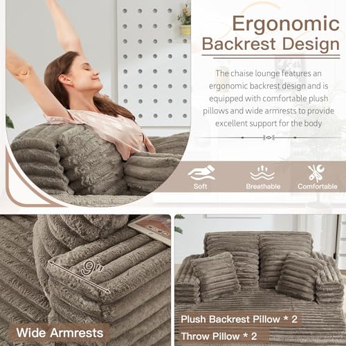 Image of JEEOHEY 56 inch Oversized Chaise Lounge Chair Indoor,Plush Faux Fur Sleeper Sofa Couch Bed with Pillows&Wide Armrests,Fluffy Comfy Cloud Couch,Compression Foam Couch for Living Room,Bedroom(Brown)