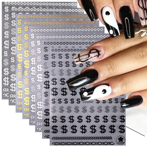8PCS Dollar Sign Nail Art Stickers Metallic Decals