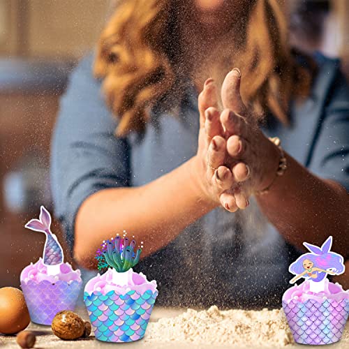 48Pcs Cupcake Toppers And Wrappers Set 24Pcs Cake Toppers + 24Pcs Cupcake Liners With Starfish Conch Seahorse Shell For Mermaid Themed Party Favors Decoration Birthday Cake Decor #TOP4