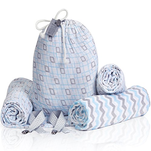Image of Gywinovo JEQLHU Muslin Swaddle Blankets - Cotton Baby Wrap for Swaddling, Stroller Blanket, Burp Cloth - Perfect Newborn Swaddle Blanket Set + Free Pacifier Clips + Card by Kululush Babies - Blue