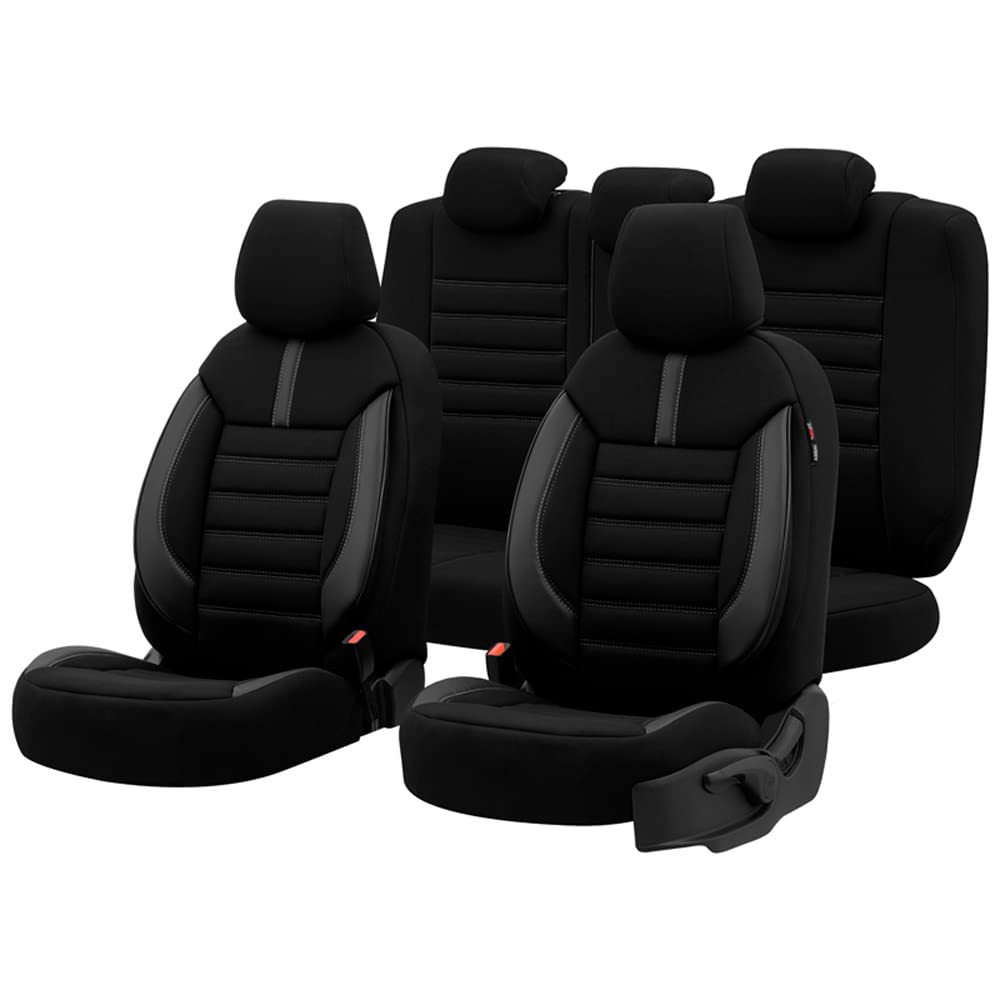 otoM Housse de sièges en textile/cuir 'Limited' Noir + Surpiqûres gris | 11-pièces - universel - adapté aux Side-Airbags