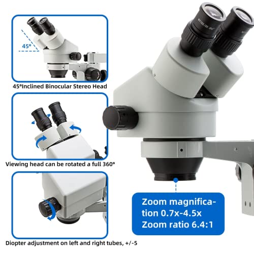 SWIFT S7-B520-144 3.5X-90X Binocular Stereo Dissecting Microscope, WF10X Eyepieces, 0.7X-4.5X Objective Power, 0.5X 2.0X Additional Objective Lenses, 144-Bulb LED Ring Light, Single-Arm Boom Stand - Image 3