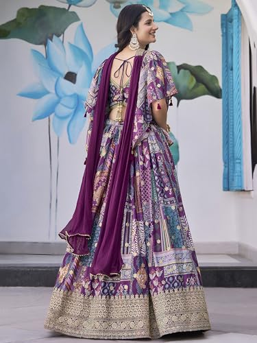 Image of Women's Digital Print With Zari Dori Embroidery Work Chinnon Silk Lehenga Choli With Dupatta (Women-Lehenga-Choli-New; Free size)