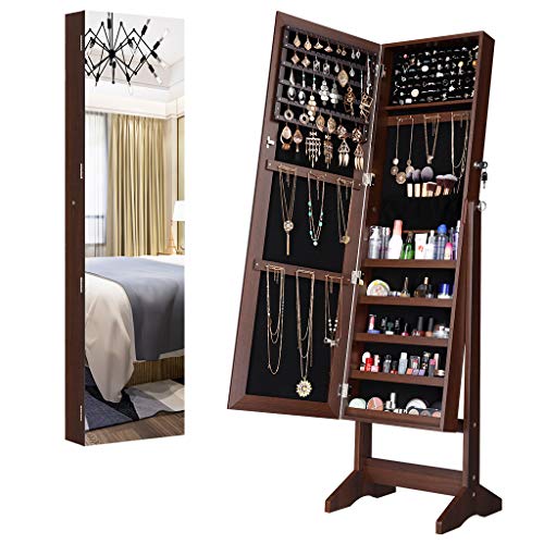 LANGRIA Jewelry Armoire Cabinet Full-Length Frameless Mirror, Lockable Floor Standing & Wall Mounting
