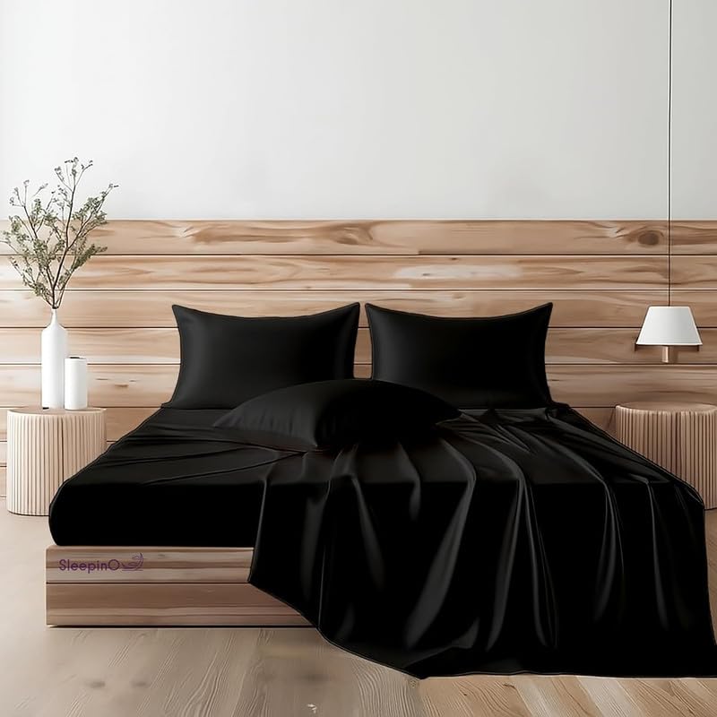 Image of Premium Satin Double Bed (90x100 Inchs) with 2 Pillow Cover Bedsheet Ultra Soft & Silky Smooth, Breathable Cooling Fabric, Luxury Glossy Finish|Midnight Black