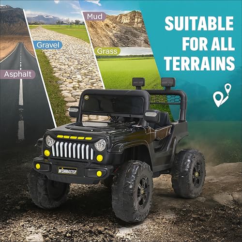 Image of Wishmaster Kids Electric Ride-On Jeep, 12V Battery Powered, Remote Control, Music & Lights, 130 x 83 x 76 cm, Army Green, Ages 3-8 Years (Plain Color's, Black)