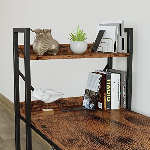 Ironck Computer Desk 63" With Power Outlet & Storage Shelves, Study Writing Table With Usb Ports Charging Station, Pc Desk Workstation For Home Office, Rustic Brown #TOP5