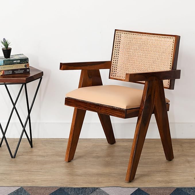 Image of Wooden Arm Chair with Cushion and Cane Back Support Chair || Wooden Armchair Furniture Garden Outdoor & Indoor Home & Office Chair Living Room Furniture || Dining Chair Set Off 2 || Brown Honey
