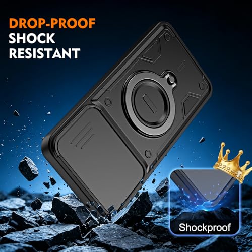 Image of YUWOO Ultimate Armor Case for Motorola G86 Power 5G | 360 Magnetic Pivot Ring Stand | Slide Camera Lens Protector | Military Grade Drop Protection | MagSafe Compatible Mount Case - Black