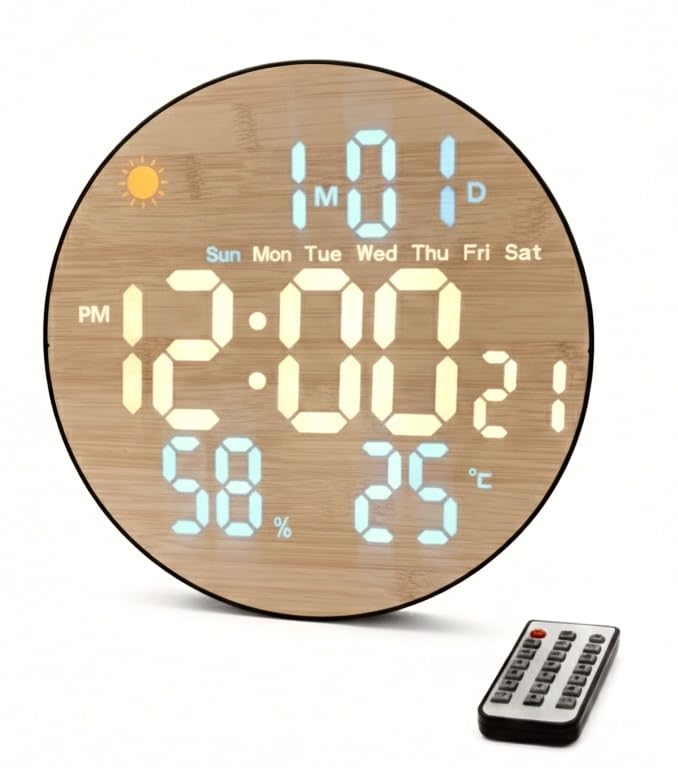 Urban Wooden Round Digital Wall Clock with Blue and Yellow Digits, Remote Control, Weather Forecast, Temperature and Humidity Display, 12/24 Hour Format, Brightness Control, USB Cable Included-image-27