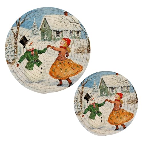 Pupazzo di neve che balla Winter Wonderland 2 pz presine rotonde sottopentola in cotone resistente al calore per tazze da caffè per tazze da cucina