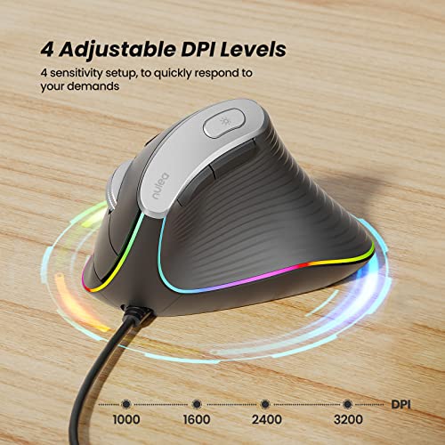 Nulea Wired Vertical Mouse, Usb Ergonomic Optical Mouse With 4 Adjustable Dpi, 11 Rgb Backlight Modes, Compatible For Laptop, Pc, Desktop, Mac, Grey #TOP5
