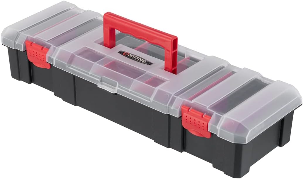 INTERTOOLHardware Organizer Tool Box with Dividers, 7 Compartment Small Parts Storage Container, Protective Plastic Case with Secure Latches, Store Nuts, Bolts, Screws, Nails, Black and Red BX08-4042
