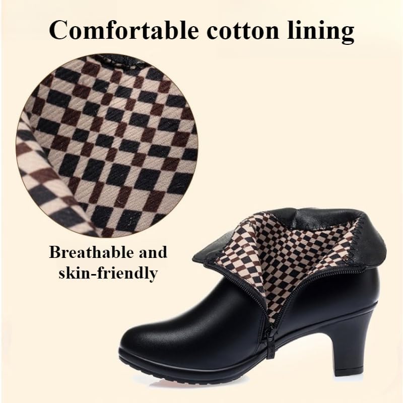 Women's Mid Block Heel Ankle Boots Fashion Rhinestones Buckle Decor Comfort Warm Fur Lined Chunky Heels Snow Boots with Side Zipper - Image 4