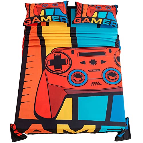 Adasmile A & S Gamer Bedding Set Full Size For Boys Kids Gamer Sheets Video Game Sheets Red Gamepad Fitted Sheet For Kids Video Game Controller Bed Set With 2 Pillowcases Soft Microfiber Home Decor #TOP8