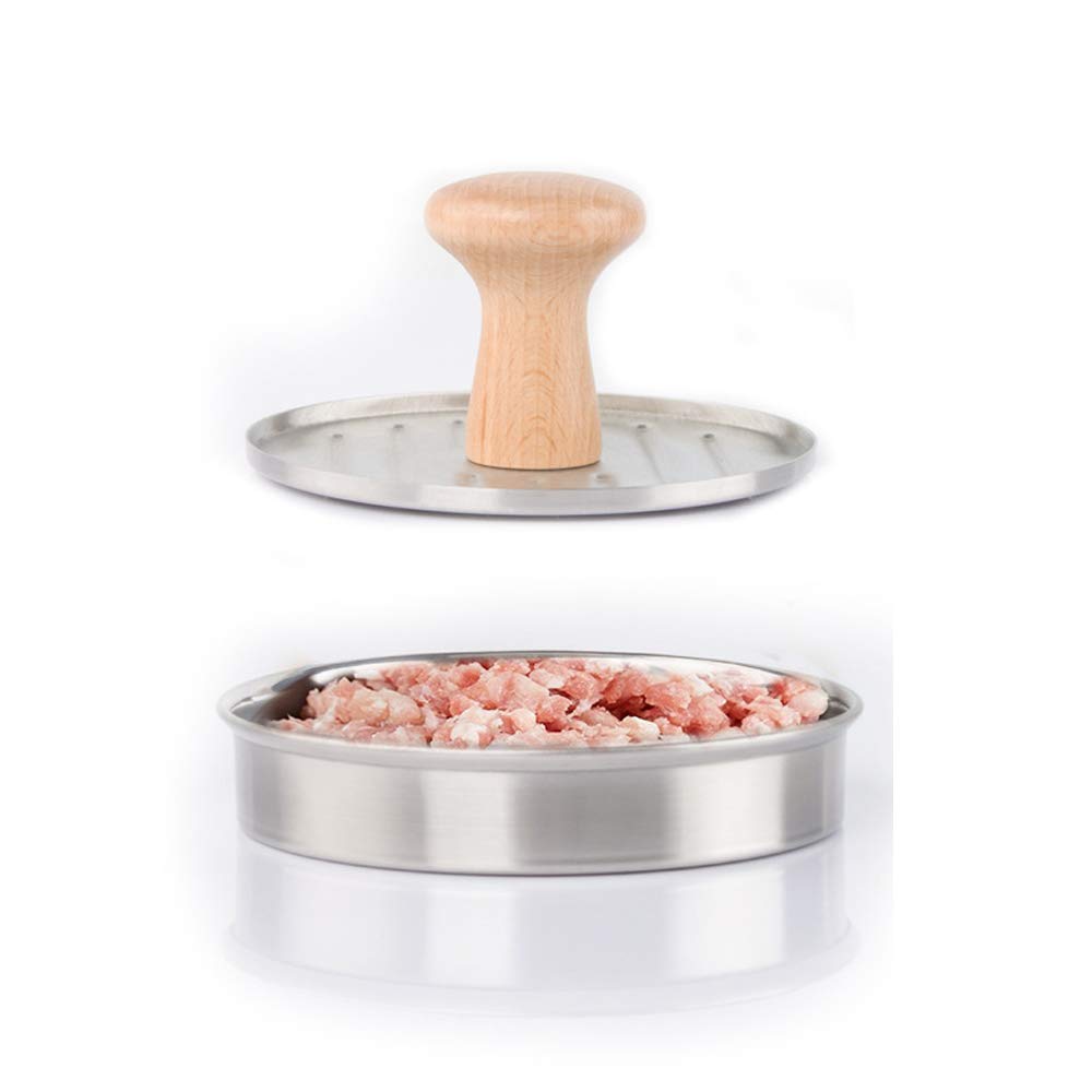 13,3 cm Burger Press Wypchany Hamburger Patty Maker Forma ze stali nierdzewnej Nieprzywierająca Presser do mięsa Niezbędne akcesoria do grillowania do suwaków do mięsa i zwykłego burgera wołowego z drewnianym uchwytem do grilla