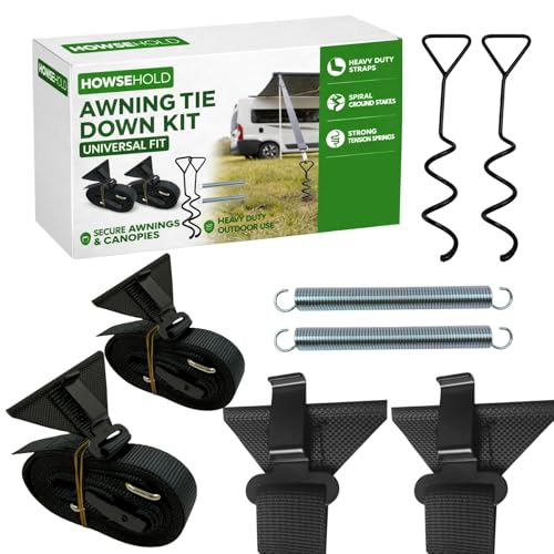 Awning Storm Straps Awning Tie Down Kit for Caravan Awnings Storm Straps for Awnings with Spiral Ground Pegs Shock Absorbing Springs Adjustable Buckles Caravan Accessories for Camper & Motorhome